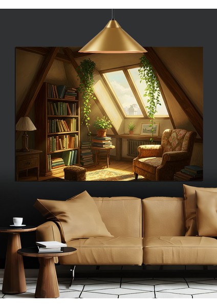 Kitaplı Modern Oturma Odası Dekoratif Kanvas - Mdf Ahşap Tablo