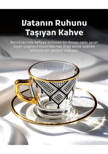 6'lı Türk Kahve Fincan Seti Filistin Kefiyesi Nakışlı 12 Parça T00002