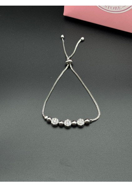 Gümüş Renk Ayarlanabilir Işıltılı Üçlü Yuvarlak Taşlı Toplu Zincir Bileklik , Zirkin Taşlı Bileklik fırsatları