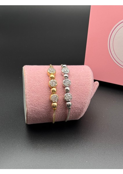 Gümüş Renk Ayarlanabilir Işıltılı Üçlü Yuvarlak Taşlı Toplu Zincir Bileklik , Zirkin Taşlı Bileklik indirimleri