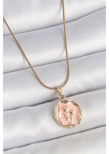 Bfs 316L Çelik Gold Renk Zincir Pembe Mineli Çiçek Işlemeli Portre Model Kadın Kolye