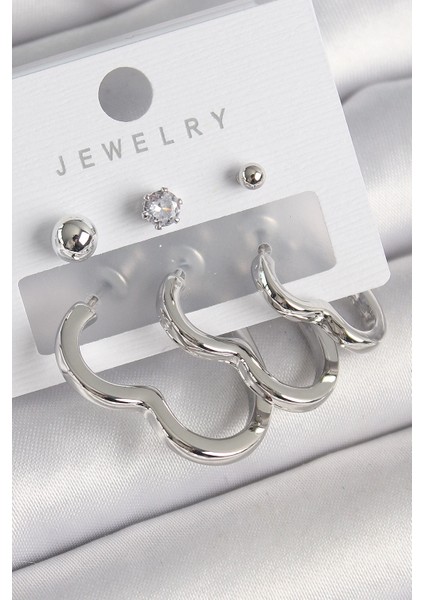 Bfs Pirinç Gümüş Renk Kalp Model Zirkon Taş Topçuk Detay Kadın Küpe Seti