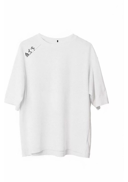 Unisex Bisiklet Yaka Baskılı Oversize T-Shirt - Beyaz