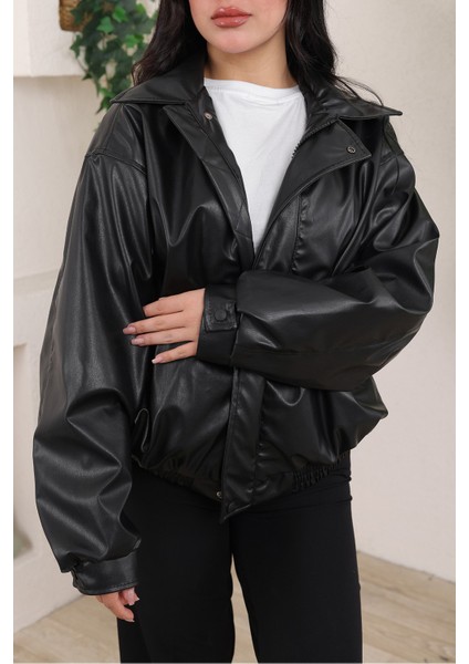 Yeni Sezon Kadın Baharlık Bomber Balon Kol Oversize Deri Ceket