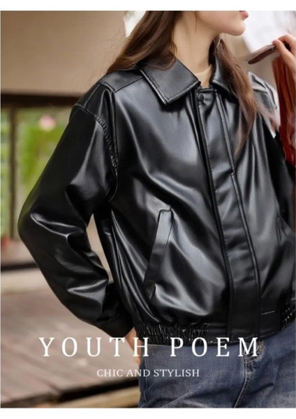 Yeni Sezon Kadın Baharlık Bomber Balon Kol Oversize Deri Ceket fiyatları