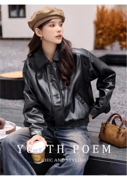 Yeni Sezon Kadın Baharlık Bomber Balon Kol Oversize Deri Ceket