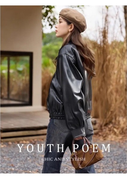 Yeni Sezon Kadın Baharlık Bomber Balon Kol Oversize Deri Ceket