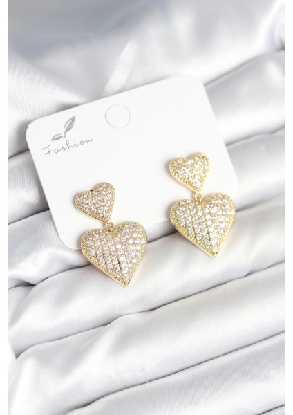 Bfs Kalp Model Zirkon Taşlı Gold Renk Pirinç Kadın Küpe