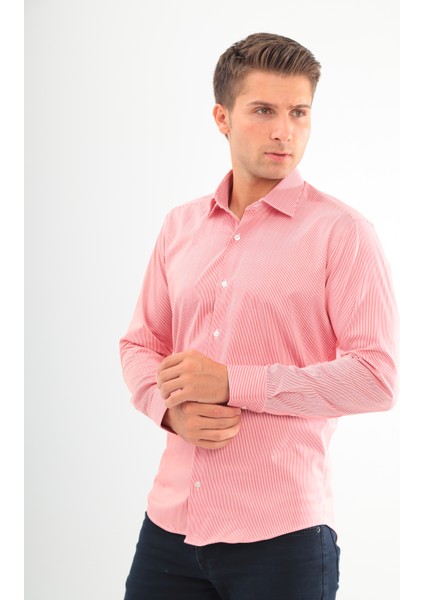 Slimfit Bordo Çizgili Erkek Gömlek Likralı Dar Kesim Yapısıyla AS042069-05