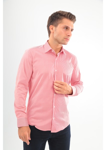 Slimfit Bordo Çizgili Erkek Gömlek Likralı Dar Kesim Yapısıyla AS042069-05 indirimleri