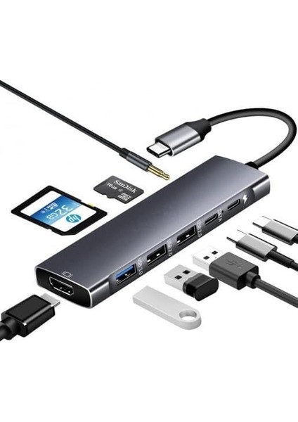 Axe Metal Kasa USB 3.0 Type C 9 In 1 Hdmı - Mikro Sd Kart Okuyucu - Kulaklık Çevirici Hub