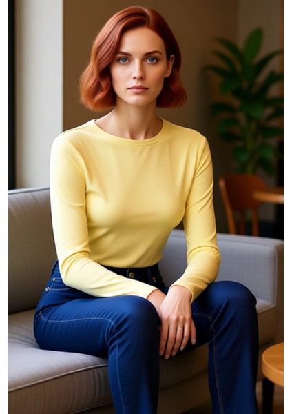 Kadın Moda Şık Üst Giyim Crop Bisiklet Yaka Slim Kalıp Örme Viskon Esnek Bluz