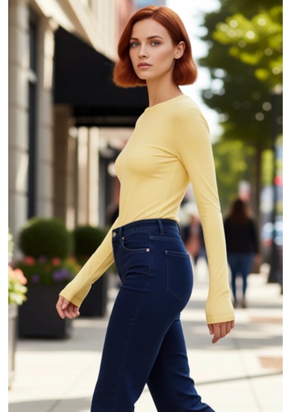 Kadın Moda Şık Üst Giyim Crop Bisiklet Yaka Slim Kalıp Örme Viskon Esnek Bluz fırsatları