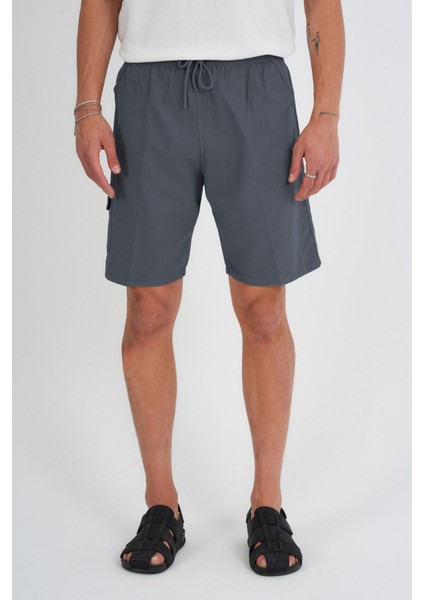 Yazlık Keten Görünümlü Kargo Cep Lastikli, Bol Kesim Toprak Renk Şort 201-31