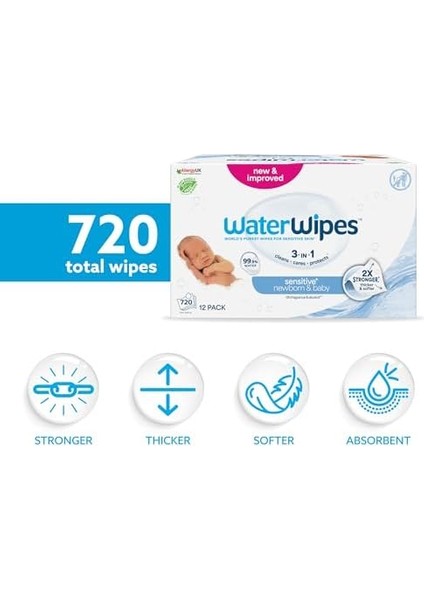 Waterwipes Yeni Doğan & Hassas Ciltler Için 720 Yaprak Bebek Islak Mendili (12 x 60 Adet), Bitki Tabanlı