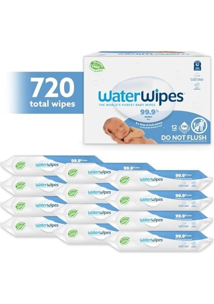 Waterwipes Yeni Doğan & Hassas Ciltler Için 720 Yaprak Bebek Islak Mendili (12 x 60 Adet), Bitki Tabanlı fiyatları