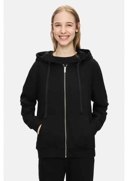 Allura Siyah Kapüşonlu Gofre Baskı Loose Fit Kadın Sweatshirt