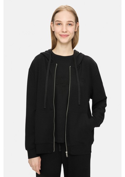 Allura Siyah Kapüşonlu Gofre Baskı Loose Fit Kadın Sweatshirt fiyatları