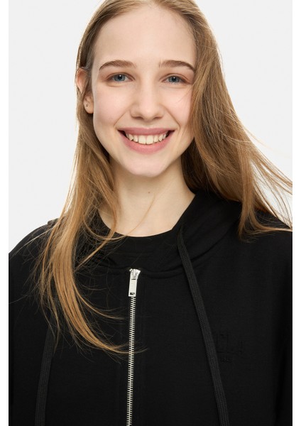 Allura Siyah Kapüşonlu Gofre Baskı Loose Fit Kadın Sweatshirt indirimleri