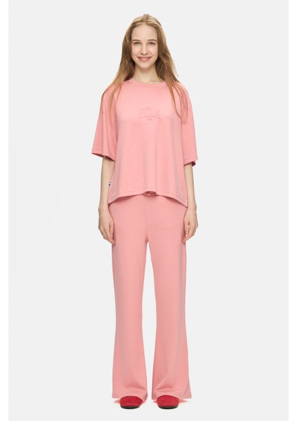 Uranıa Pembe Ispanyol Paça Gofre Baskı Loose Fit Kadın Eşofman Alt