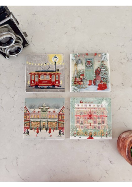 Vintage Noel Kasabası ve Kırmızı Tramvay Temalı Doğal Taş Bardak Altlığı, Yılbaşı Hediyesi, 4’lü