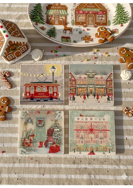 Vintage Noel Kasabası ve Kırmızı Tramvay Temalı Doğal Taş Bardak Altlığı, Yılbaşı Hediyesi, 4’lü fiyatları