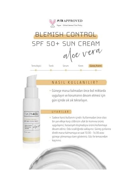 SKIN401 Spf 50+ Aloe Vera Nemlendiricili Güneş Kremi 50 ml