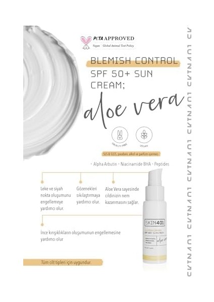 SKIN401 Spf 50+ Aloe Vera Nemlendiricili Güneş Kremi 50 ml fiyatları