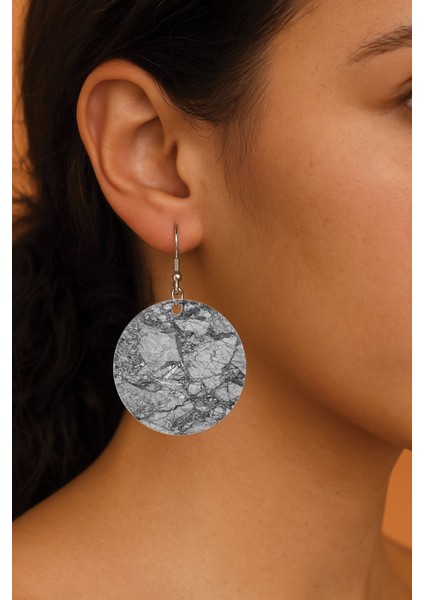 Kadın Küpe Desenli Stilist Kancalı 3.5X5CM Yuvarlak Şeffaf Küpe Grey Marble