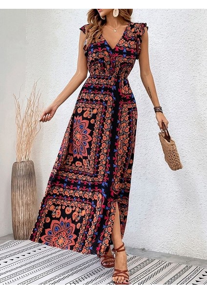 Kadın Kısa Kollu V Yakalı Deseni Yırtmaçlı Süprem Elbise fiyatları