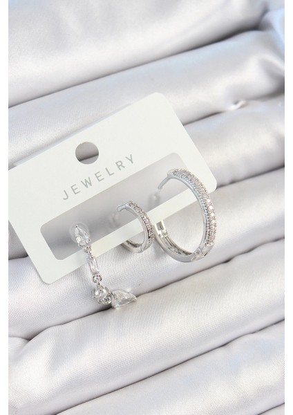 Bfs Pirinç Zirkon Taşlı Sallantılı Model Gümüş Renk 3'lü Çift Kadın Küpe Set