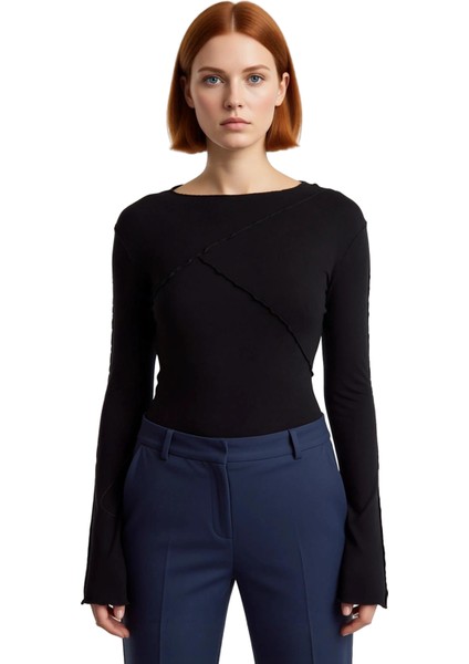 Kadın Bisiklet Yaka Nervürlü Fitted Örme Bluz Ispanyol Kol Detaylı Kaliteli Şık Rahat Modern