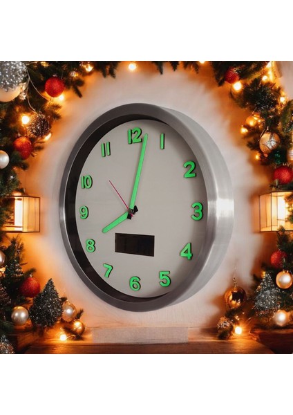 Fosforlu Termometreli Isı Ölçer Dijitalli Kabartma Rakam Beyaz Duvar Saati Metal 30 cm