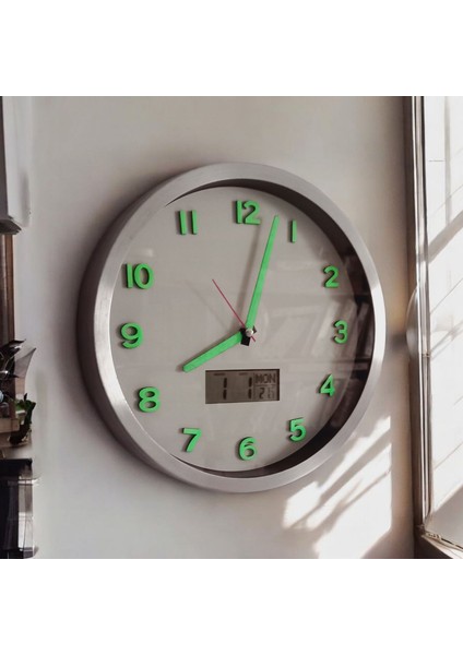 Fosforlu Termometreli Isı Ölçer Dijitalli Kabartma Rakam Beyaz Duvar Saati Metal 30 cm