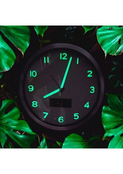 Fosforlu Termometreli Isı Ölçer Dijitalli Kabartma Rakam Beyaz Duvar Saati Metal 30 cm