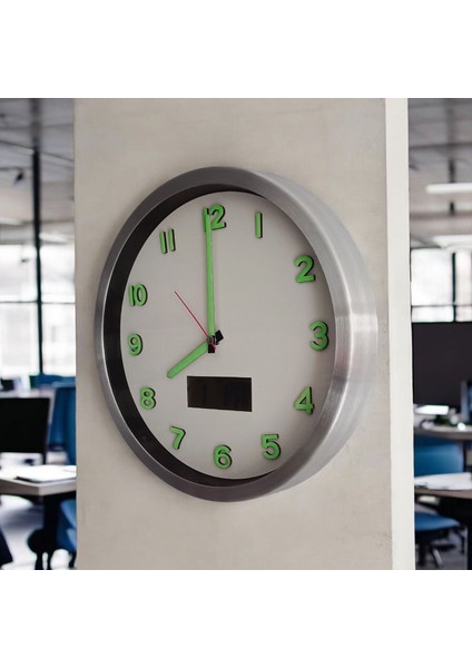 Fosforlu Termometreli Isı Ölçer Dijitalli Kabartma Rakam Beyaz Duvar Saati Metal 30 cm