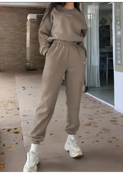 Punıx Büyük Beden Özel Tasarım Graphıte Baskılı Yuvarlak Yaka Modern Battal Kışlık Kadın Eşofman Takımı