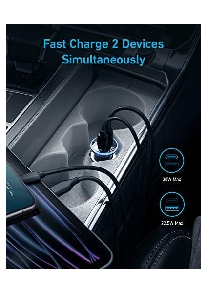 323 Araç Şarj Cihazı, 52.5W, Usb-C Portu Maksimum 30W, Usb-A Portu Ise 22.5W Şarj Gücü, 14 Pro Sadece 25 Dakikada%50 Şarj, S23 Sadece 27 Dakikada%50 Şarj modelleri