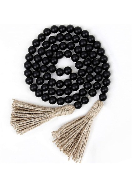 Spring Çiftlik Tarzı Boncuklar Ahşap Boncuklu Püsküllü Garland, Ülke Dekoru, Dua Boncukları, Duvar Dekorasyonu, 148 Cm, Siyah