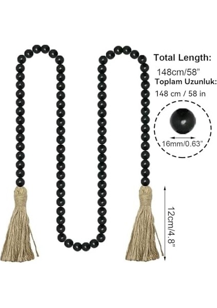 Spring Çiftlik Tarzı Boncuklar Ahşap Boncuklu Püsküllü Garland, Ülke Dekoru, Dua Boncukları, Duvar Dekorasyonu, 148 Cm, Siyah modelleri