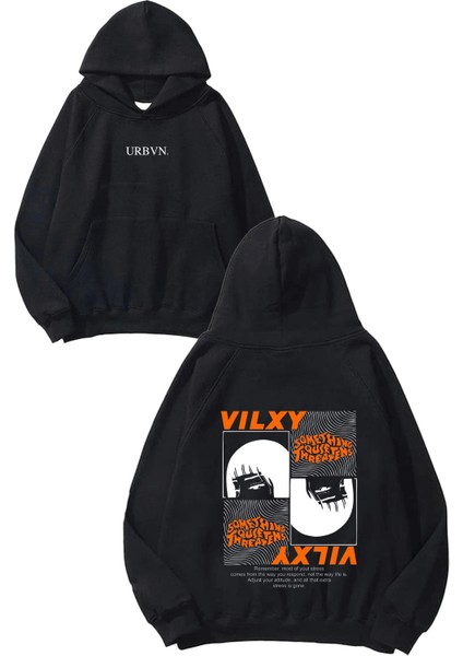 Vilxy Tasarım Baskılı Oversize Siyah Kapüşonlu Sweatshirt