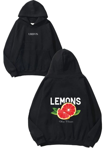 Lemons Tasarım Baskılı Oversize Siyah Kapüşonlu Sweatshirt