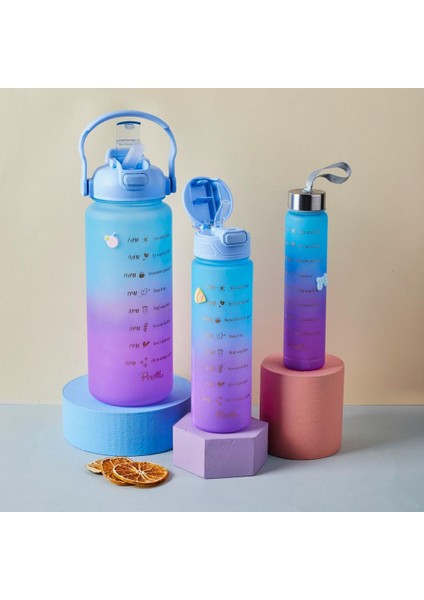 11918 Misale Dereceli ve Su Içme Saatli Motivasyonel 3 Lü Su Matarası Tritan Suluk Mavi