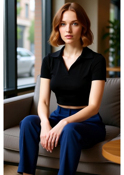 Moda Polo Yaka Örme Slim Slogan Desen Casual Günlük Crop Kısa Kol Bluz