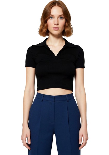 Moda Polo Yaka Örme Slim Slogan Desen Casual Günlük Crop Kısa Kol Bluz fiyatları