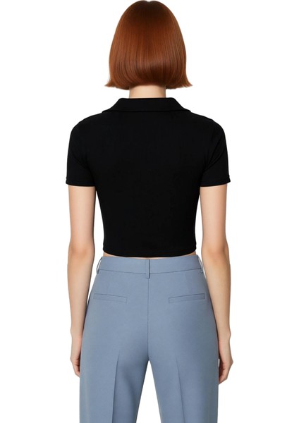 Moda Polo Yaka Örme Slim Slogan Desen Casual Günlük Crop Kısa Kol Bluz modelleri