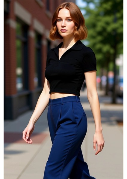 Moda Polo Yaka Örme Slim Slogan Desen Casual Günlük Crop Kısa Kol Bluz fırsatları