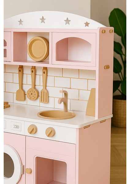 Ahşap Oyuncak Mutfak Seti 6 Parça Pembe Tencere Çaydanlık Seti| Çocuklar Için Eğitici Rol modelleri
