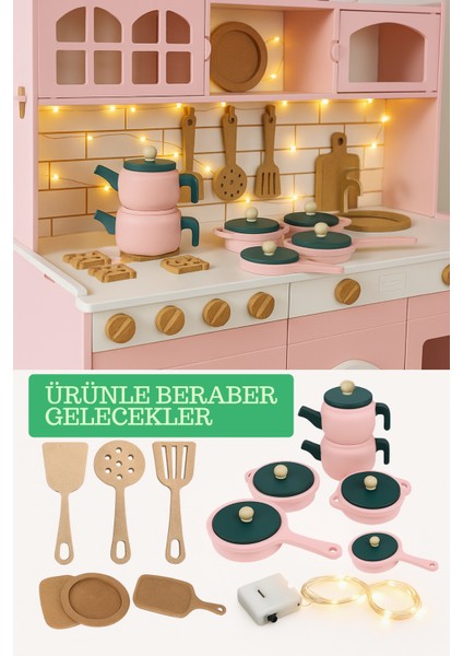 Ahşap Oyuncak Mutfak Seti 6 Parça Pembe Tencere Çaydanlık Seti| Çocuklar Için Eğitici Rol
