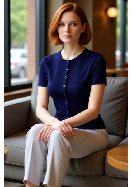 Kadın Kısa Kollu Bisiklet Yaka Triko Bluz Kaliteli Şık Rahat Modern Zarif Günlük fırsatları